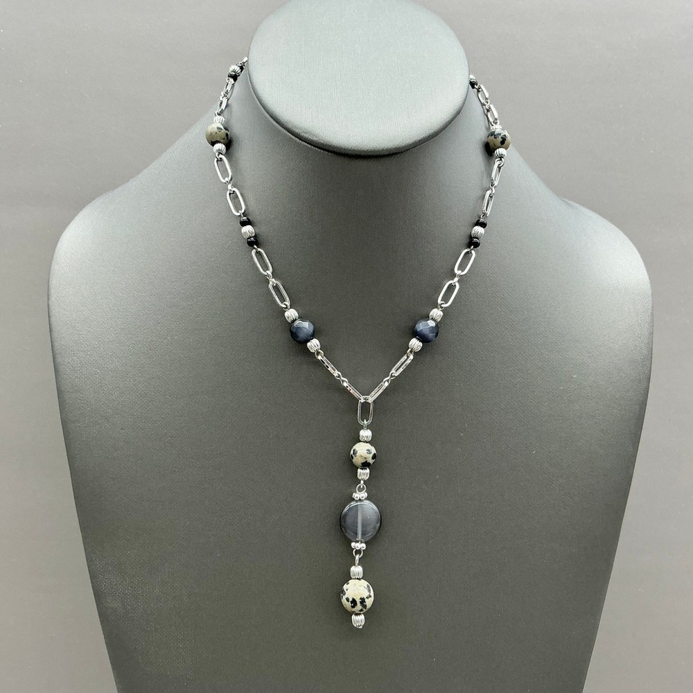 Lia Sophia Necklace Silver Tone Y Drop Dalmatian Jasper Gray Glass Beads 20"